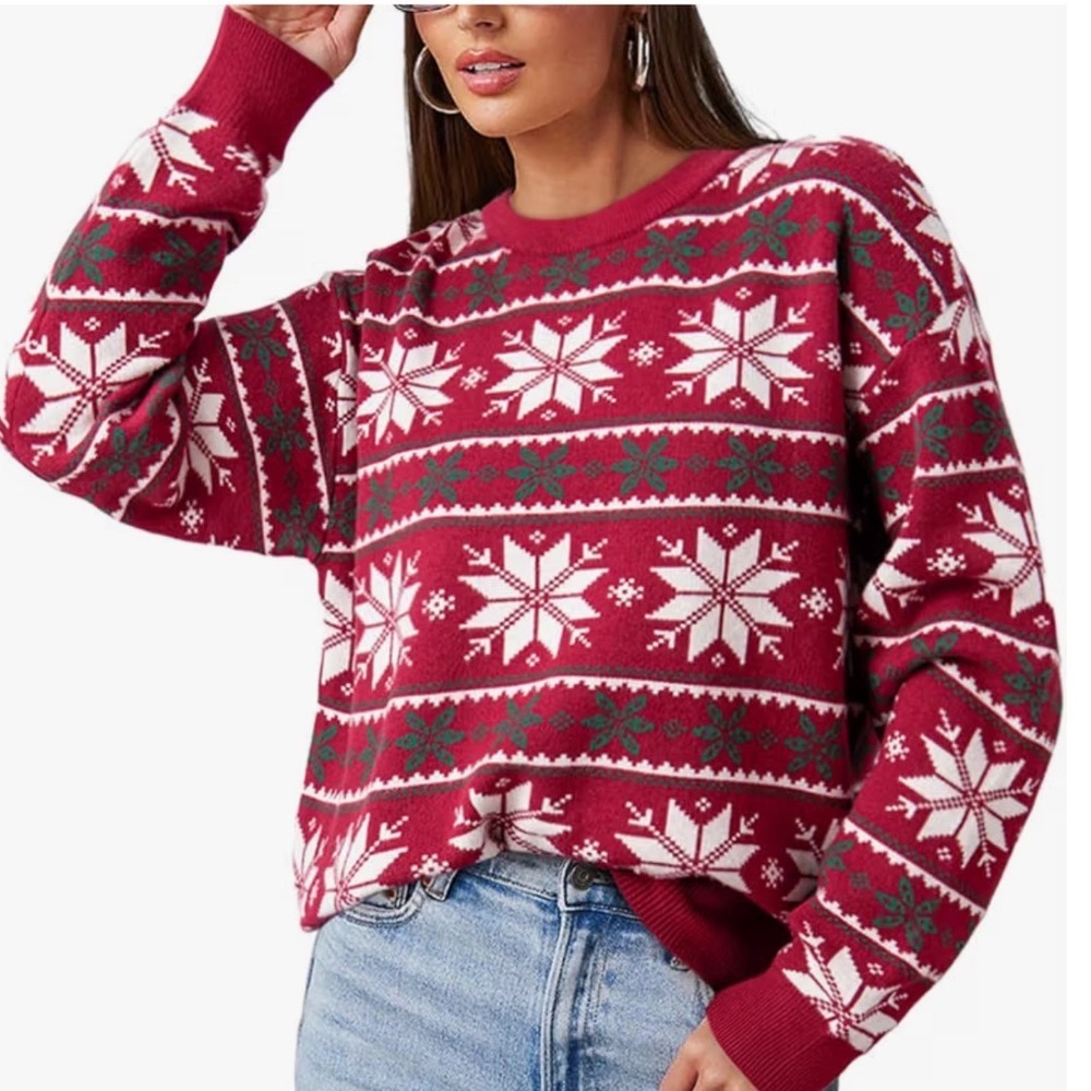 Dokotoo Snowflake Sweater Women L NEW Red Fair Isle Holiday Crew Neck Knit